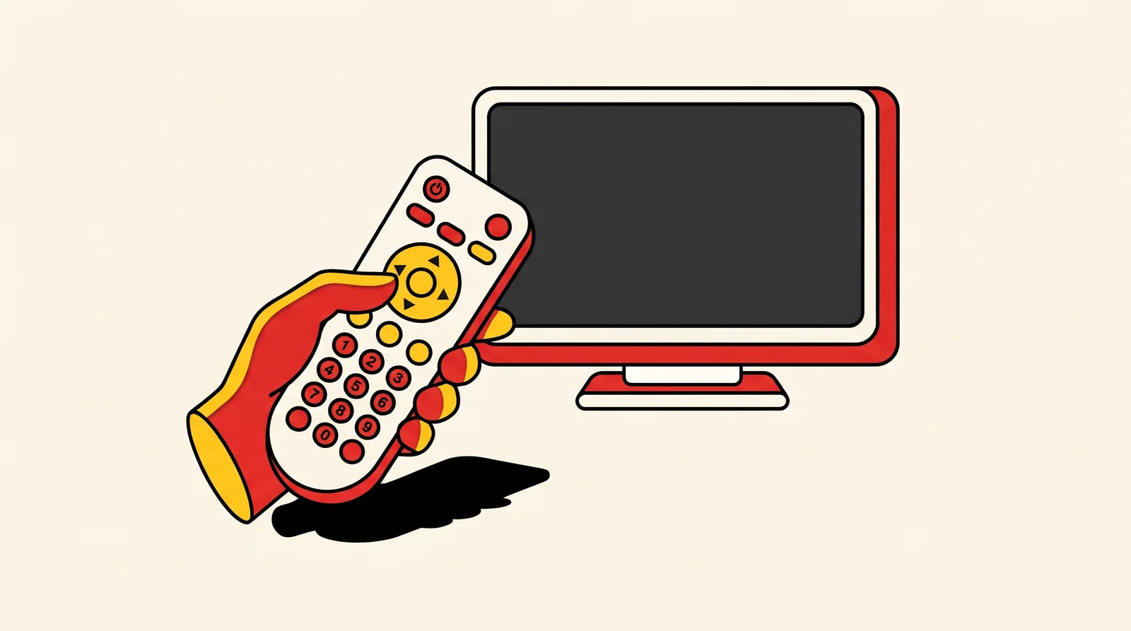 Une télécommande simplifiée posée devant un téléviseur à l'écran éteint, pour saisir le code avec les touches