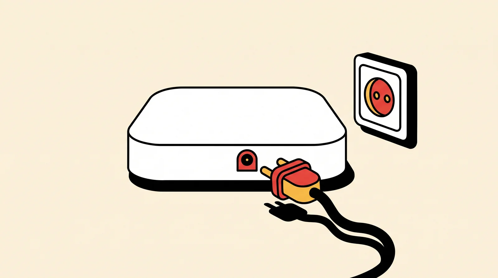 Une box blanche dont le câble d'alimentation est débranché, tenu près de son port, à côté d'une prise de courant.