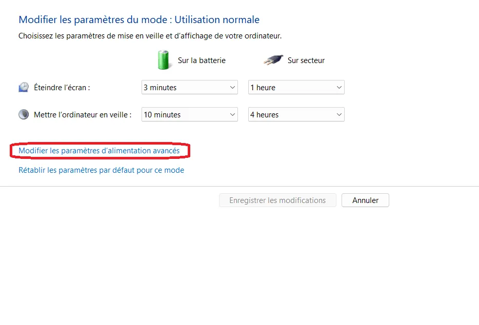PC: Modifier les paramètres d'alimentation avancés
