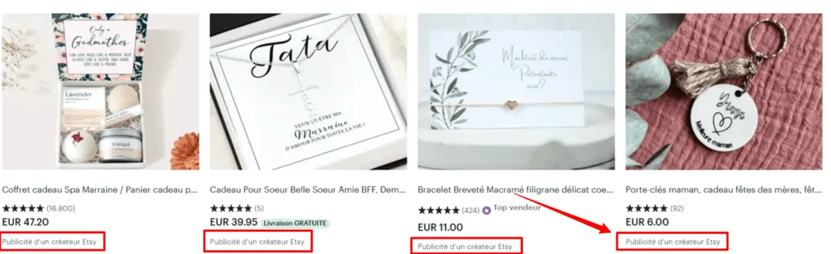 publicité esty sur une page de recherche