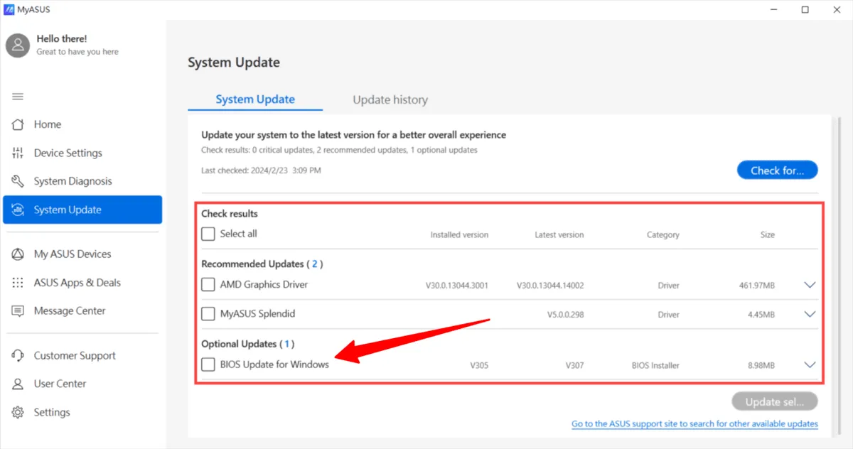 Mettre à jour le bios via MyAsus