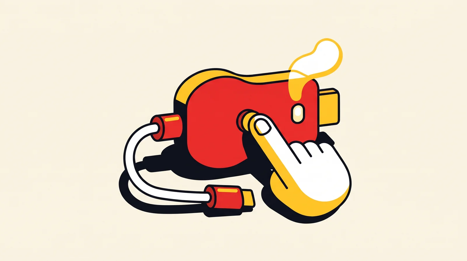 Boîtier de streaming vu de dos, câble d’alimentation branché, un doigt appuyant sur le petit bouton rond et un voyant allumé.